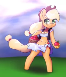 Size: 3333x3846 | Tagged: safe, artist:afkregen, derpibooru import, applejack, anthro, earth pony, unguligrade anthro, anatomically incorrect, apple, basket, belly button, breasts, busty applejack, clothes, cowboy hat, cutie mark, digital art, female, food, hat, image, incorrect leg anatomy, jacket, looking at you, png, solo, solo female, tail, tanktop, thighs, wide hips