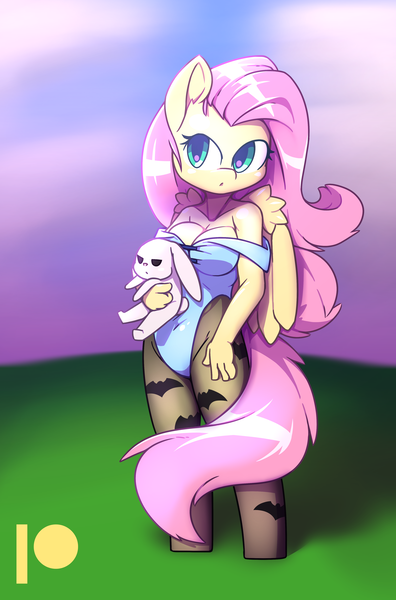 Size: 3000x4547 | Tagged: safe, artist:afkregen, derpibooru import, angel bunny, fluttershy, anthro, earth pony, rabbit, unguligrade anthro, anatomically incorrect, animal, breasts, busty fluttershy, clothes, digital art, female, image, incorrect leg anatomy, looking at you, png, socks, solo, solo female, stockings, tail, thigh highs, thighs, wide hips, wings