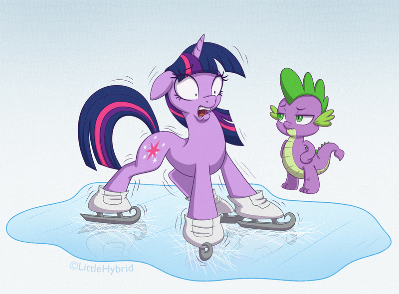 Size: 1300x958 | Tagged: safe, artist:littlehybridshila, derpibooru import, spike, twilight sparkle, dragon, pony, unicorn, winter wrap up, duo, ice skates, ice skating, image, jpeg, scene interpretation, simple background, unicorn twilight, white background