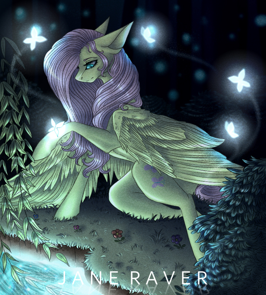 Size: 900x1000 | Tagged: safe, artist:janeraver, derpibooru import, fluttershy, butterfly, insect, pegasus, pony, female, glow, image, jpeg, mare, pond, solo