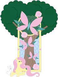 Size: 2116x2835 | Tagged: safe, artist:beadedwolf22, derpibooru import, angel bunny, fluttershy, butterfly, insect, pegasus, pony, rabbit, animal, duo, female, flower, image, lying down, male, mare, png, prone, simple background, stained glass, transparent background, tree