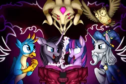 Size: 2400x1600 | Tagged: safe, artist:redahfuhrerking, derpibooru import, fhtng th§ ¿nsp§kbl, gallus, oleander (tfh), owlowiscious, star swirl the bearded, twilight sparkle, classical unicorn, gryphon, pony, unicorn, them's fightin' herds, book, cloven hooves, community related, image, leonine tail, magic, png, unshorn fetlocks