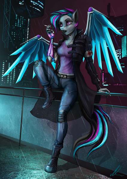 Size: 3182x4500 | Tagged: safe, artist:vitaj, derpibooru import, oc, oc:keyphrase, unofficial characters only, anthro, cyborg, pegasus, pony, amputee, armband, artificial wings, augmented, cigarette, cigarette smoke, city, cityscape, clothes, coat, commission, cyberpunk, female, futuristic, glass, high res, image, jpeg, leaning, lipstick, medic, multicolored mane, multicolored tail, nail polish, neon, night, prosthetic limb, prosthetic wing, prosthetics, purple eyes, railing, rain, red cross, science fiction, sitting, skyline, skyscraper, smoking, solo, walkway, wings