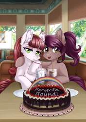 Size: 3508x4961 | Tagged: safe, artist:lifejoyart, derpibooru import, oc, oc:argent nebula, oc:mocha star, unofficial characters only, earth pony, pony, bendy straw, blinds, cake, cup, drinking straw, female, food, frosting, ice cubes, image, jpeg, mare, plates, rainbow, siblings, sisters, straw, table