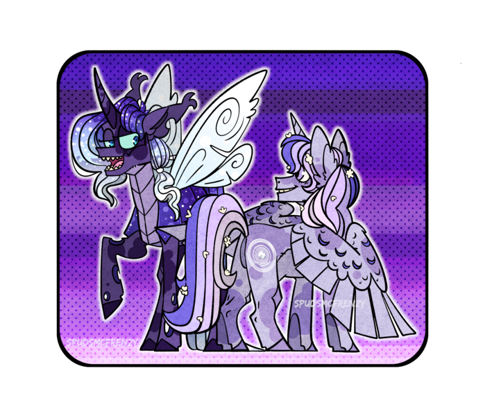 Size: 2858x2464 | Tagged: safe, artist:spudsmcfrenzy, derpibooru import, oc, oc:cicada, oc:lullaby, unofficial characters only, alicorn, changepony, hybrid, image, interspecies offspring, magical lesbian spawn, magical threesome spawn, offspring, parent:fleur-de-lis, parent:princess cadance, parent:princess luna, parent:queen chrysalis, parents:chrysaluna, png