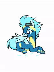 Size: 768x1024 | Tagged: safe, artist:windy breeze, derpibooru import, oc, oc:windy breeze, unofficial characters only, pegasus, pony, bedroom eyes, clothes, feather, flight suit, goggles, grooming, image, jpeg, preening, sitting, solo, uniform, wonderbolts uniform
