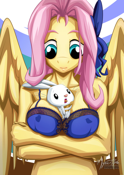 Size: 955x1351 | Tagged: suggestive, alternate version, artist:mysticalpha, derpibooru import, angel bunny, fluttershy, anthro, pegasus, areola, arm under breasts, between breasts, bow, bra, breasts, busty fluttershy, clothes, female, image, jpeg, underwear