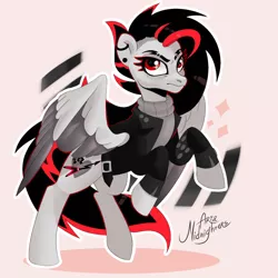 Size: 1000x1000 | Tagged: safe, artist:ariamidnighters, derpibooru import, oc, unnamed oc, unofficial characters only, pegasus, pony, clothes, ear piercing, earring, eyebrows, image, jacket, jewelry, piercing, png, rearing, red and black mane, solo, sweater, turtleneck, two toned wings, wings