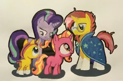 Size: 2962x1951 | Tagged: safe, artist:magicnova, derpibooru import, luster dawn, starlight glimmer, sunburst, oc, oc:starfire blaze, pony, unicorn, blaze (coat marking), brother and sister, cloak, clothes, colt, derpibooru exclusive, father and child, father and daughter, father and son, female, filly, glasses, image, jpeg, male, mare, mother and child, mother and daughter, mother and son, offspring, parent:starlight glimmer, parent:sunburst, parents:starburst, robe, shipping, siblings, simple background, socks (coat marking), stallion, starburst, straight, sunburst's cloak, sunburst's glasses, traditional art, white background, younger