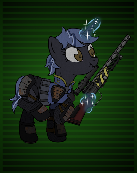 Size: 900x1140 | Tagged: safe, artist:devorierdeos, derpibooru import, oc, oc:heavy rain, pony, unicorn, fallout equestria, armor, armor skirt, armored pony, clothes, glowing horn, gun, horn, image, png, rifle, skirt, sniper rifle, weapon