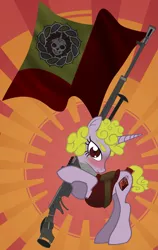 Size: 1529x2420 | Tagged: safe, artist:devorierdeos, derpibooru import, oc, oc:galla steel, pony, unicorn, fallout equestria, agitated, anti-tank rifle, blushing, butt, flag, flag bearer, image, plot, png, red eye army