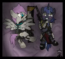 Size: 1380x1261 | Tagged: safe, artist:devorierdeos, derpibooru import, oc, oc:heavy, oc:ksu, pegasus, pony, unicorn, fallout equestria, armor, armored pony, bed, enclave, grand pegasus enclave, gun, hug, image, laser rifle, laying on bed, lying down, on bed, pillow, pillow hug, pilow, png, respirator, rifle, sniper rifle, weapon