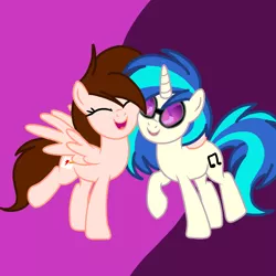 Size: 1378x1378 | Tagged: safe, artist:circuspaparazzi5678, derpibooru import, vinyl scratch, oc, oc:breanna, pegasus, pony, unicorn, base used, canon x oc, dj glasses, hug, hugging a pony, image, png, ponysona, smiling