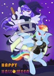 Size: 2480x3508 | Tagged: safe, artist:tingyo, derpibooru import, rainbow dash, oc, unnamed oc, bat, bat pony, pegasus, pony, vampire, vampire bat pony, bat ponified, broom, clothes, colored pupils, costume, crossed arms, ear piercing, earring, fangs, flying, flying broomstick, halloween, halloween costume, happy halloween, hat, holiday, image, jacket, jewelry, jpeg, moon, night, obtrusive watermark, piercing, race swap, rainbowbat, red eyes, short mane, smiling, vampire costume, watermark, witch costume, witch hat
