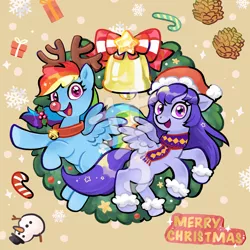 Size: 2362x2362 | Tagged: safe, artist:tingyo, derpibooru import, rainbow dash, oc, unnamed oc, pegasus, pony, bell, bell collar, bow, candy, candy cane, canon x oc, christmas, clothes, collar, fake antlers, female, food, hat, holiday, holly, image, jpeg, mare, merry christmas, obtrusive watermark, pinecone, present, red nosed reindeer, reindeer dash, rudolph dash, santa hat, scarf, smiling, snow, snowflake, snowman, watermark, wreath