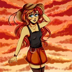 Size: 960x960 | Tagged: safe, artist:lelka-philka, derpibooru import, sunset shimmer, equestria girls, alternate hairstyle, blushing, chains, clothes, cloud, cute, female, hat, image, jewelry, nail polish, open mouth, png, ring, shimmerbetes, skirt, socks, solo, stockings, sun hat, tanktop, thigh highs, watch, wristwatch