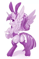 Size: 1000x1499 | Tagged: suggestive, artist:dstears, derpibooru import, twilight sparkle, twilight sparkle (alicorn), alicorn, pony, bowtie, bunny ears, bunny suit, butt, clothes, cuffs (clothes), dock, ear piercing, earring, female, image, jewelry, jpeg, leotard, looking at you, looking back, looking back at you, mare, monochrome, piercing, plot, ponytail, rearing, shoes, simple background, smiling, smiling at you, socks, solo, solo female, spread wings, stockings, thigh highs, twibutt, underhoof, white background, wings