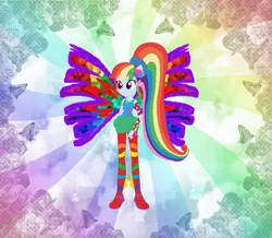 Size: 1011x882 | Tagged: safe, artist:selenaede, artist:user15432, derpibooru import, rainbow dash, fairy, human, equestria girls, alternate hairstyle, barely eqg related, base used, clothes, colored wings, crossover, fairy wings, fairyized, fins, gradient wings, image, long hair, multicolored wings, png, ponied up, ponytail, rainbow background, rainbow s.r.l, rainbow wings, seashell, seashells, shoes, sirenix, wings, winx, winx club, winxified