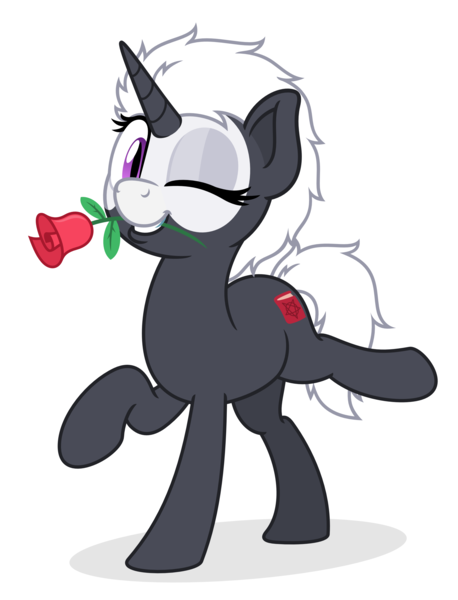 Size: 2290x3000 | Tagged: safe, artist:zutheskunk, derpibooru import, oc, oc:s.leech, unofficial characters only, pony, unicorn, active stretch, commission, derpibooru exclusive, female, flower, flower in mouth, image, looking at you, mare, mouth hold, one eye closed, png, raised hoof, rose, rose in mouth, simple background, smiling, solo, white background, wink