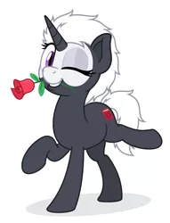 Size: 2290x3000 | Tagged: safe, artist:zutheskunk, derpibooru import, oc, oc:s.leech, unofficial characters only, pony, unicorn, active stretch, commission, derpibooru exclusive, female, flower, flower in mouth, image, looking at you, mare, mouth hold, one eye closed, png, raised hoof, rose, rose in mouth, simple background, smiling, solo, white background, wink
