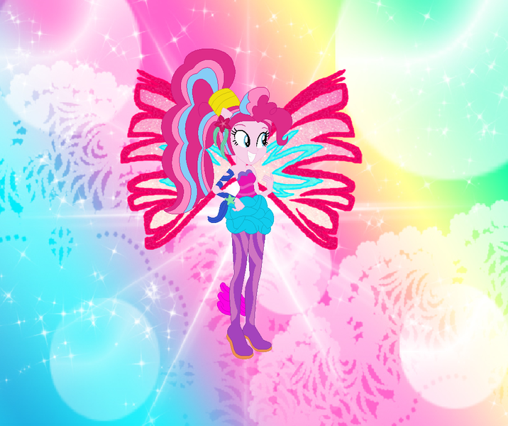 Size: 1044x875 | Tagged: safe, artist:magical-mama, artist:selenaede, artist:user15432, derpibooru import, pinkie pie, fairy, human, equestria girls, alternate hairstyle, barely eqg related, base used, clothes, colored wings, crossover, fairy wings, fairyized, fins, flower, flower in hair, gradient wings, hand on hip, image, long hair, pink flowers, pink wings, png, ponied up, ponytail, rainbow background, rainbow s.r.l, shoes, sirenix, wings, winx, winx club, winxified