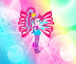 Size: 1044x875 | Tagged: safe, artist:magical-mama, artist:selenaede, artist:user15432, derpibooru import, pinkie pie, fairy, human, equestria girls, alternate hairstyle, barely eqg related, base used, clothes, colored wings, crossover, fairy wings, fairyized, fins, flower, flower in hair, gradient wings, hand on hip, image, long hair, pink flowers, pink wings, png, ponied up, ponytail, rainbow background, rainbow s.r.l, shoes, sirenix, wings, winx, winx club, winxified