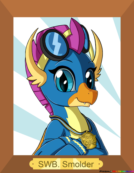 Size: 1550x2006 | Tagged: safe, artist:prismawatercolor, derpibooru import, smolder, dragon, bust, clothes, crossed arms, dragoness, female, image, looking at you, medal, png, portrait, smiling, uniform, watermark, wonderbolts, wonderbolts uniform