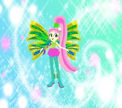 Size: 1098x975 | Tagged: safe, artist:selenaede, artist:user15432, derpibooru import, fluttershy, fairy, human, equestria girls, alternate hairstyle, arms wide open, barely eqg related, base used, clothes, colored wings, crossover, fairy wings, fairyized, fins, gradient wings, hairstyle, image, long hair, open arms, png, ponied up, ponytail, rainbow s.r.l, shoes, sirenix, sparkly background, wings, winx, winx club, winxified, yellow wings