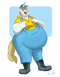 Size: 1593x2048 | Tagged: safe, alternate version, artist:sambaba, derpibooru import, prince blueblood, anthro, unicorn, belly, bhm, bluebuck, bucktooth, bumpkin, farmer, fat, happy, hick, image, jpeg, male, personality change, simple background, white background