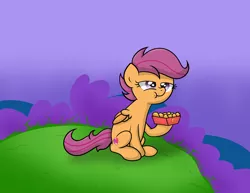 Size: 5582x4300 | Tagged: safe, artist:background basset, derpibooru import, scootaloo, pegasus, pony, chicken meat, chicken nugget, eating, female, food, image, meat, nugget, png, ponies eating meat, request, requested art, sitting, solo
