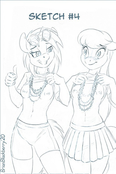 Size: 427x640 | Tagged: questionable, artist:brianblackberry, derpibooru import, edit, octavia melody, vinyl scratch, anthro, earth pony, unicorn, blushing, breasts, clothes, defurrified, duo, female, flashing, flashing boobs, grin, image, jpeg, looking at each other, mardi gras, miniskirt, monochrome, nipples, nudity, partial nudity, pleated skirt, shorts, simple background, sketch, skirt, smiling, socks, thigh highs, thumbs up, white background