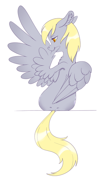 Size: 2169x3575 | Tagged: safe, artist:taytinabelle, derpibooru import, derpy hooves, pegasus, pony, back dimples, both cutie marks, butt, dimples of venus, dock, ear fluff, female, floppy ears, grooming, image, lidded eyes, mare, png, preening, rear view, simple background, solo, spread wings, white background, wings