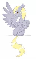 Size: 2169x3575 | Tagged: safe, artist:taytinabelle, derpibooru import, derpy hooves, pegasus, pony, back dimples, both cutie marks, butt, dimples of venus, dock, ear fluff, female, floppy ears, grooming, image, lidded eyes, mare, png, preening, rear view, simple background, solo, spread wings, white background, wings