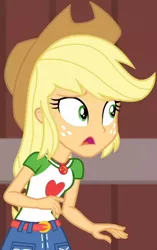 Size: 1920x3057 | Tagged: safe, derpibooru import, screencap, applejack, equestria girls, equestria girls series, holidays unwrapped, spoiler:eqg series (season 2), applejack's hat, belt, clothes, cowboy hat, cropped, cutie mark, cutie mark on clothes, denim skirt, female, geode of super strength, hat, image, jewelry, jpeg, magical geodes, necklace, open mouth, skirt, solo, the cider louse fools