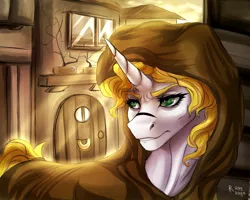 Size: 1280x1024 | Tagged: safe, artist:raychelrage, derpibooru import, oc, unicorn, green eyes, hood, horn, image, jpeg, sketch, solo, sun, thief, town, unicorn oc, yellow hair