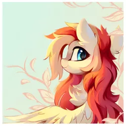 Size: 1040x1040 | Tagged: safe, artist:aureai, derpibooru import, oc, oc:aureai, unofficial characters only, pegasus, pony, chest fluff, ear fluff, female, fluffy mane, happy, image, leaves, looking back, mare, png, smiling, solo, spread wings, wing fluff, wings