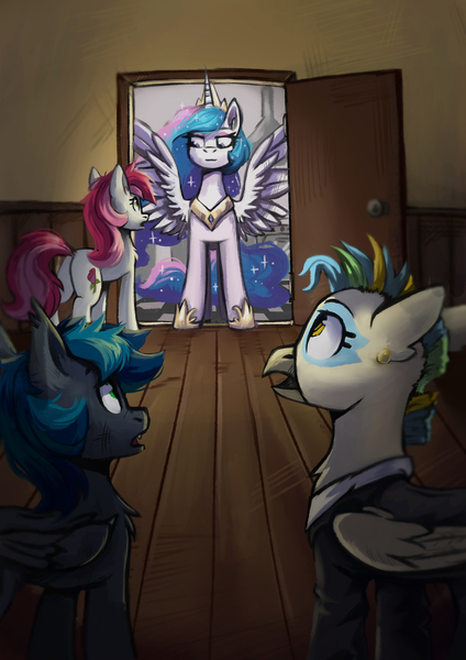 Size: 2894x4093 | Tagged: safe, artist:amy-gamy, derpibooru import, princess celestia, roseluck, oc, oc:janet (fine print), oc:spark gap, alicorn, bat pony, earth pony, hippogriff, fanfic:fine print, bat pony oc, bat wings, hallway, high res, image, jpeg, surprised, wings