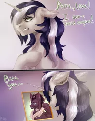 Size: 847x1080 | Tagged: safe, artist:raychelrage, derpibooru import, oc, pegasus, pony, unicorn, commission, horn, image, jpeg, love, pegasus oc, photo, simple background, striped hair, text, unicorn oc, white hair, white rose, wings, ych result