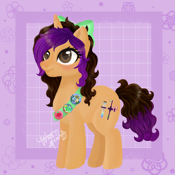 Size: 1800x1800 | Tagged: safe, derpibooru import, royal ribbon, oc, pony, unicorn, button, curly hair, curly mane, image, mane, png, ponysona, purple, ribbon, simp