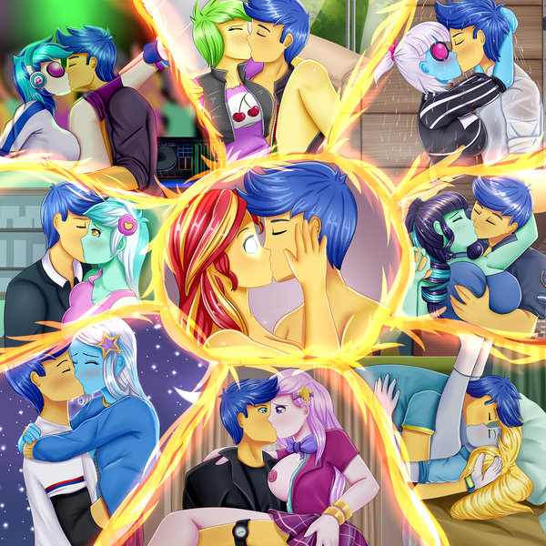 Size: 2000x2000 | Tagged: questionable, artist:focusb, derpibooru import, cherry crash, coloratura, derpy hooves, flash sentry, fleur-de-lis, lyra heartstrings, photo finish, sunset shimmer, trixie, vinyl scratch, equestria girls, equestria girls series, accessories, alternate outfits, areola, bed, blushing, bracelet, breast grab, breasts, busty fleur-de-lis, clothes, commission, derpsentry, erect nipples, exposed breasts, eyes closed, female, flash sentry gets all the waifus, flashcrash, flashimmer, flashscratch, fleurflash, glowing eyes, grope, holding, holding head, holding legs, image, implied nudity, implied sex, intimate, jewelry, jpeg, kissing, leg hold, looking at each other, loving gaze, lucky bastard, lying down, lyraflash, male, mind reading, night, night sky, nipples, nudity, on back, open clothes, passionate, photoflash, pillow, raised leg, sentrixie, sexy, shipping, shower, sky, straight, sunset sees things, touch, touching face, watch, white eyes, wide eyes
