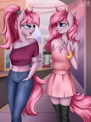Size: 2000x2667 | Tagged: safe, artist:rinikka, derpibooru import, oc, oc:heart, oc:soul, unofficial characters only, anthro, aeroverse, boots, bracelet, breasts, building, cleavage, clothes, coffee cup, commission, cup, dress, image, jeans, jewelry, painted nails, pants, png, ponytail, shoes, street, walking