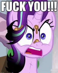 Size: 854x1080 | Tagged: safe, derpibooru import, edit, edited screencap, screencap, starlight glimmer, pony, unicorn, a horse shoe-in, angry, burned, burnt mane, caption, cropped, female, image, image macro, jpeg, mare, scorched, solo, text, vulgar