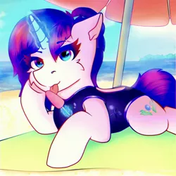 Size: 3086x3086 | Tagged: safe, artist:legionsunite, derpibooru import, oc, oc:magenta pulse, pony, unicorn, beach, chromatic aberration, clothes, female, image, jpeg, ocean, one-piece swimsuit, sand, swimsuit, umbrella