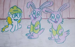 Size: 1280x807 | Tagged: safe, artist:dex stewart, derpibooru import, oc, oc:fargate, earth pony, pony, rabbit, animal, aqua teen hunger force, darrel, easter bunny, image, jpeg, the easter bunny's twin brother, traditional art, twins