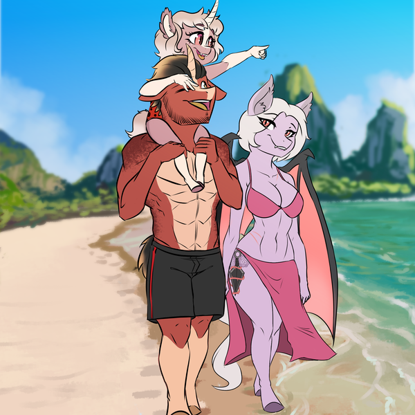 Size: 2000x2000 | Tagged: safe, artist:kennzeichen, derpibooru import, oc, oc:firefall, oc:nelli thorn, oc:violet thorn, unofficial characters only, anthro, bat pony, bat pony unicorn, hybrid, unguligrade anthro, unicorn, abs, anthro oc, bat pony oc, bat wings, beach, bikini, breasts, clothes, commission, facial hair, family, fangs, father, father and child, father and daughter, female, floppy ears, gift art, hair over one eye, happy, horn, husband and wife, image, male, married couple, mother, mother and child, mother and daughter, one eye closed, one-piece swimsuit, parent:oc:firefall, parent:oc:violet thorn, png, scar, shore, short hair, slit eyes, smiling, swimming trunks, swimsuit, unicorn oc, water, wings