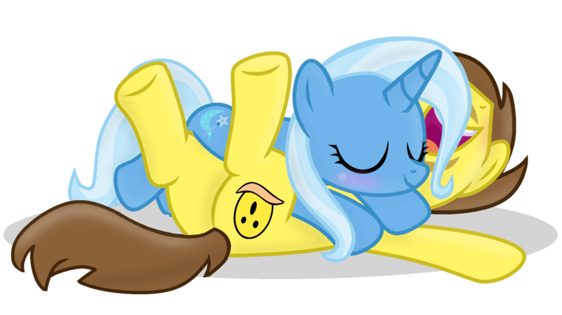 Size: 2000x1122 | Tagged: safe, artist:grapefruit-face, deleted from derpibooru, derpibooru import, trixie, oc, oc:grapefruit face, pony, base used, blushing, canon x oc, eyes closed, female, grapexie, happy, image, laughing, legs in the air, male, png, shipping, simple background, sleepy, straight, transparent background, updated