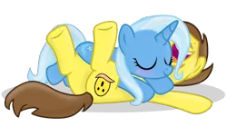 Size: 2000x1122 | Tagged: safe, artist:grapefruit-face, deleted from derpibooru, derpibooru import, trixie, oc, oc:grapefruit face, pony, base used, blushing, canon x oc, eyes closed, female, grapexie, happy, image, laughing, legs in the air, male, png, shipping, simple background, sleepy, straight, transparent background, updated