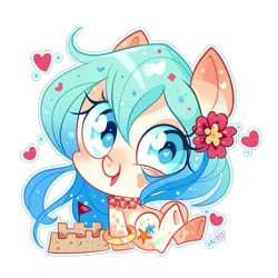 Size: 589x589 | Tagged: safe, artist:ipun, derpibooru import, oc, oc:seascape, unofficial characters only, earth pony, pony, blushing, bracelet, chibi, cute, dappled, female, flower, flower in hair, happy, heart eyes, image, jewelry, lei, mare, ocbetes, open mouth, png, sandcastle, simple background, sitting, transparent background, underhoof, wingding eyes