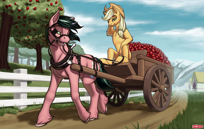 Size: 2550x1623 | Tagged: safe, alternate version, artist:wwredgrave, derpibooru import, edit, editor:niks, applejack, oc, oc:sibony, earth pony, pony, unicorn, apple, apple farm, apple tree, bit, blinders, bridle, canon x oc, carriage, cowgirl, farm, farmer, female, food, harness, image, male, png, ponyville, tack, tree, unshorn fetlocks, wagon, walking, yoke