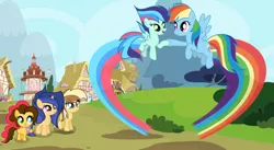 Size: 1024x562 | Tagged: safe, artist:velveagicsentryyt, derpibooru import, rainbow dash, oc, oc:apple pie, oc:party pie, oc:rainbow blitzes, oc:velvet sentry, pegasus, pony, unicorn, female, filly, hoofbump, image, jpeg, offspring, parent:applejack, parent:caramel, parent:cheese sandwich, parent:flash sentry, parent:pinkie pie, parent:rainbow dash, parent:soarin', parent:twilight sparkle, parents:carajack, parents:cheesepie, parents:flashlight, parents:soarindash, rainbow trail